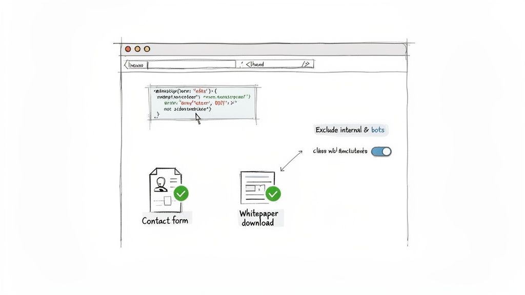 Illustration of a browser window showing code, a toggle to exclude internal and bots traffic, and icons for contact form and whitepaper download.