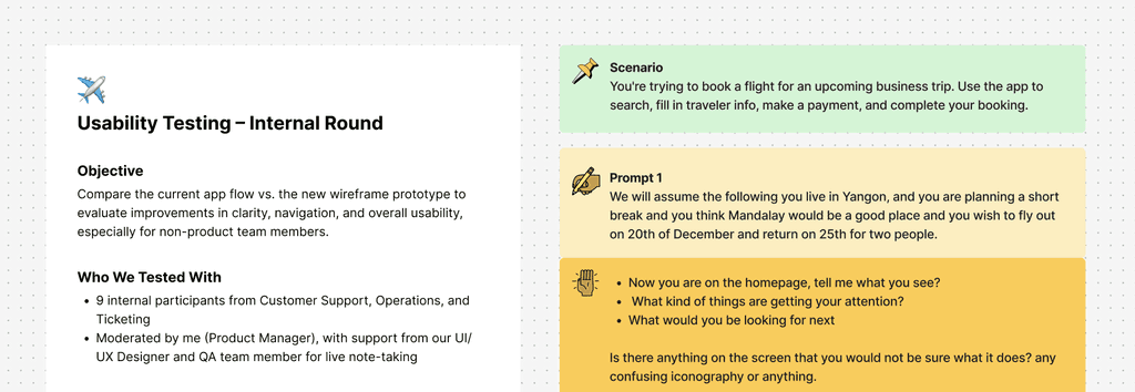 Internal usability test script and task flow used for moderated comparison sessions.