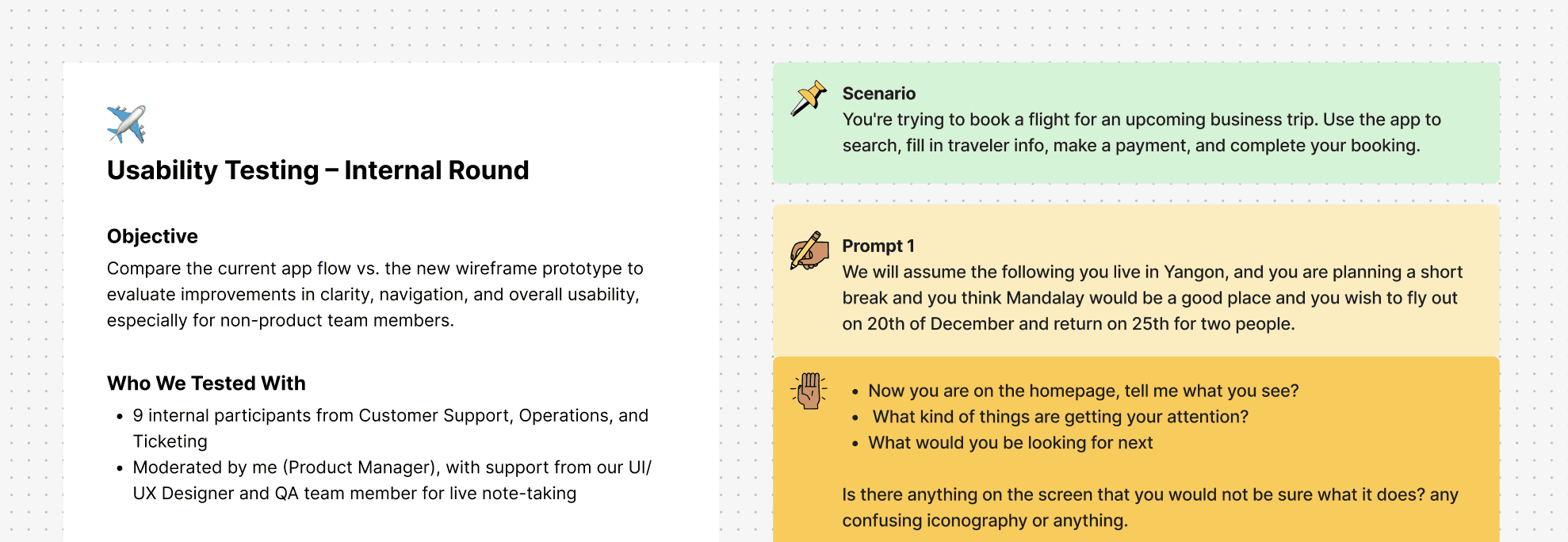 Internal usability test script and task flow used for moderated comparison sessions.