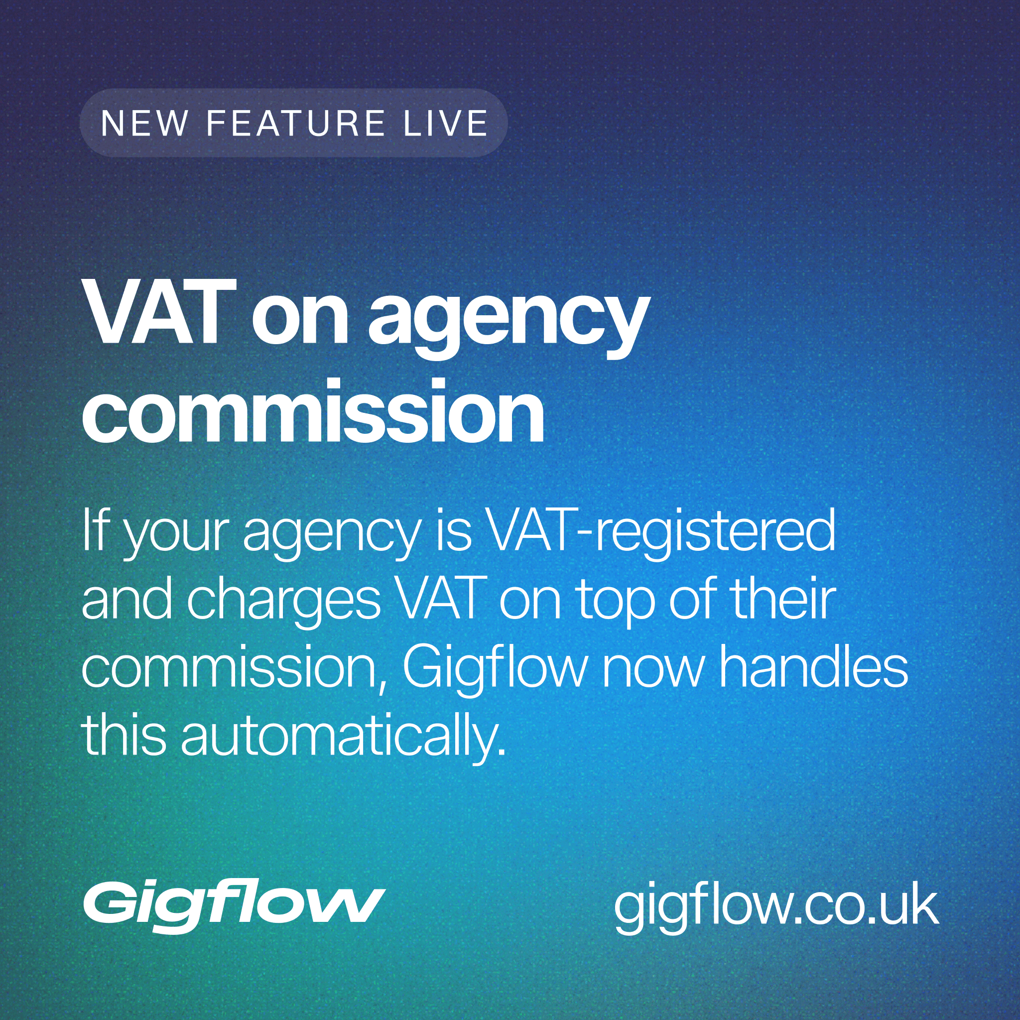 Gigflow agency settings showing the VAT on commission toggle