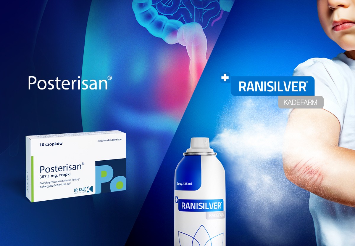 A promotional image displaying a box of medication and a bottle, with a hand applying it, against a blue background.