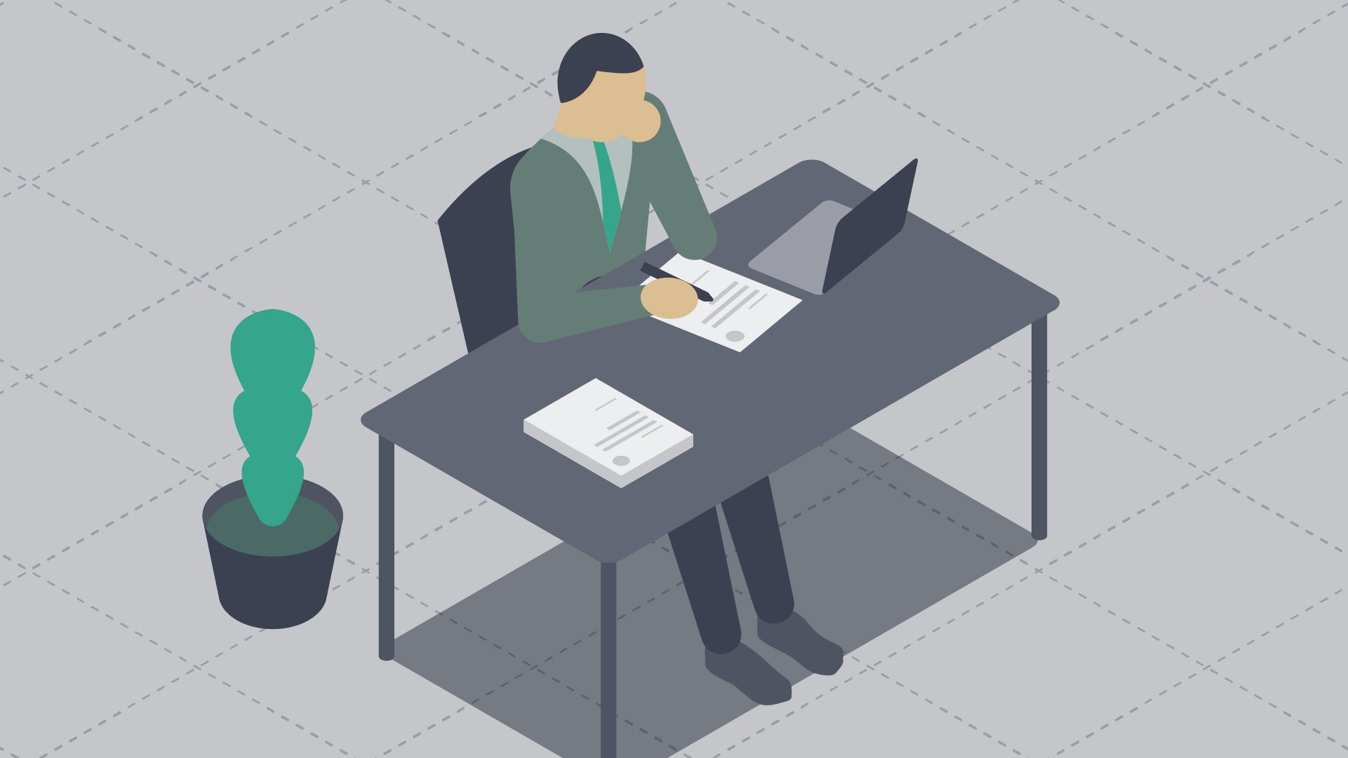 Simple isometric illustration of man working on a desk with his laptop.