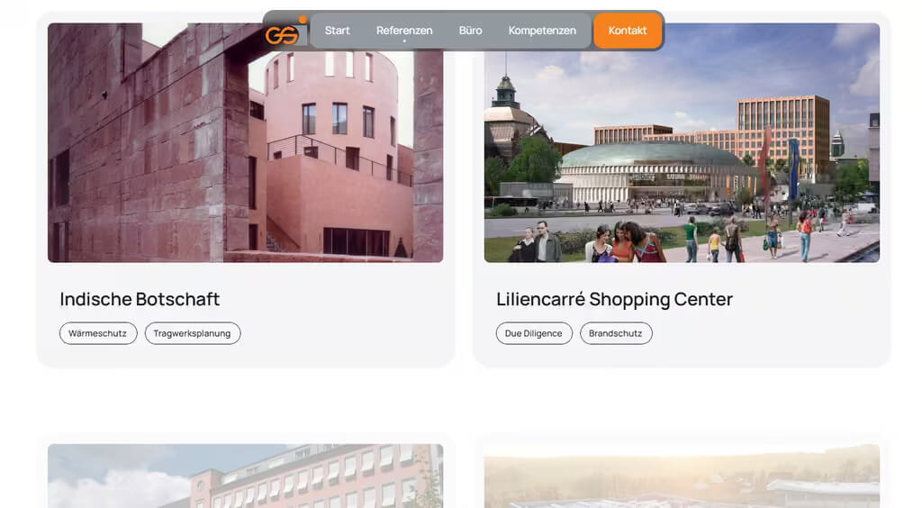 „Referenzprojekte von GSI Ingenieure: Indische Botschaft mit Fokus auf Wärmeschutz und Tragwerksplanung, sowie Liliencarré Shopping Center mit Due Diligence und Brandschutz.