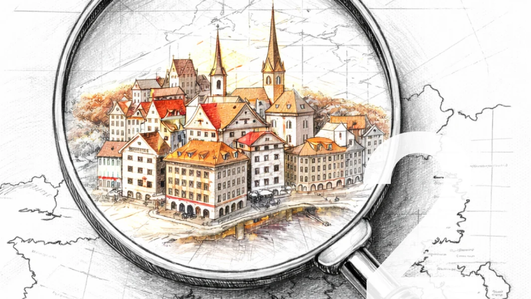 Illustration of a quaint town with red-roofed buildings and churches, viewed through a magnifying glass, highlighting architectural details.