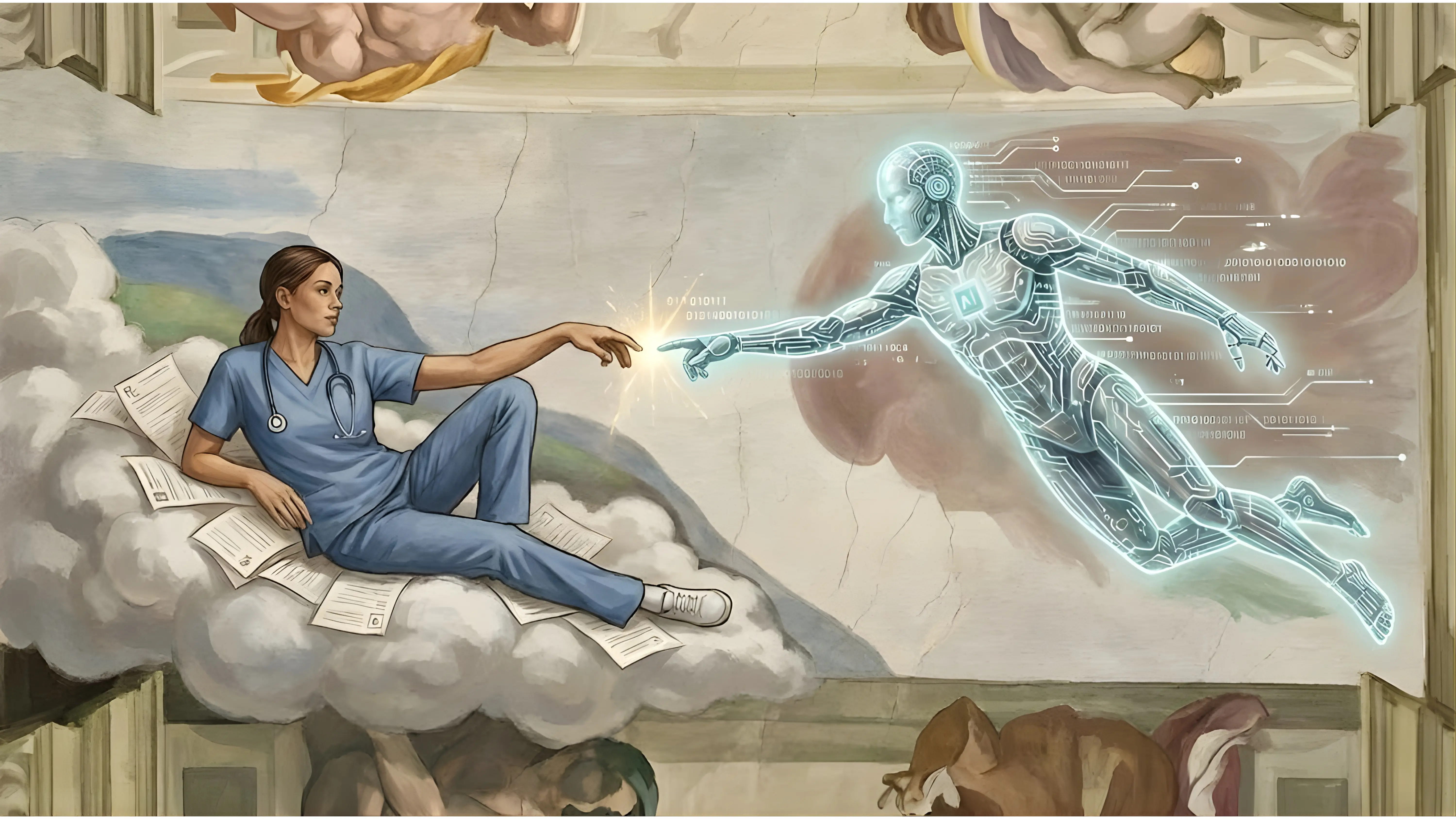 A celestial figure reaches out to a reclining figure on a cloud, reminiscent of a famous artistic motif.