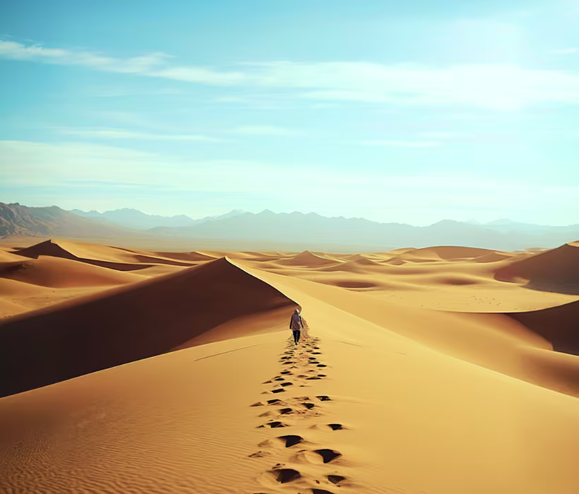 Golden sand dunes of the Sahara Desert at sunset
