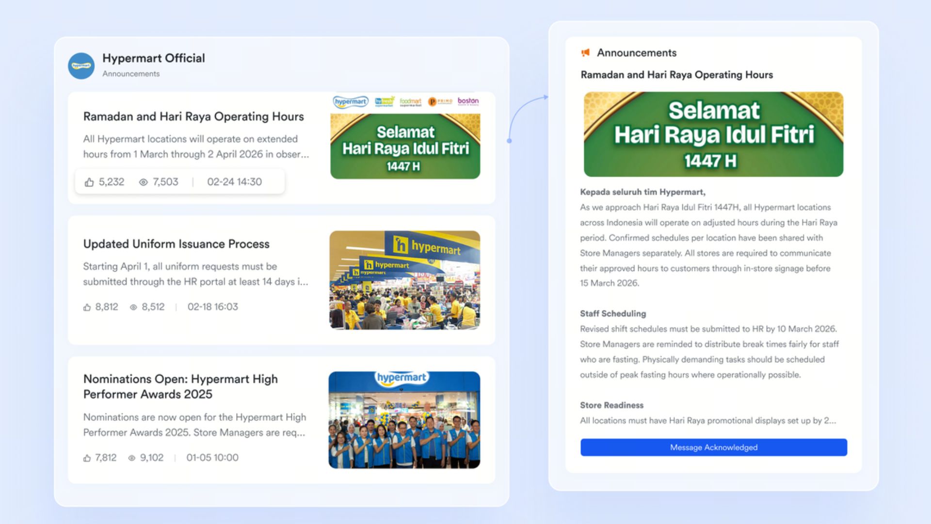 Hypermart announcements dashboard in Lark showing campaign updates and company-wide communications