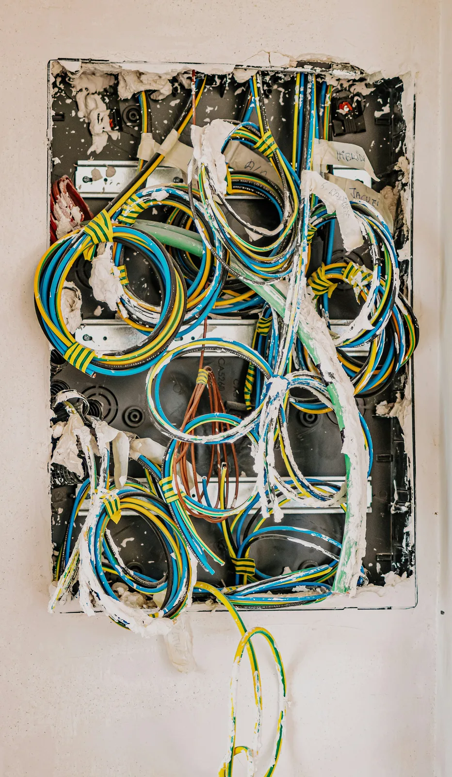 Open junction box with tangled colored wires during renovation