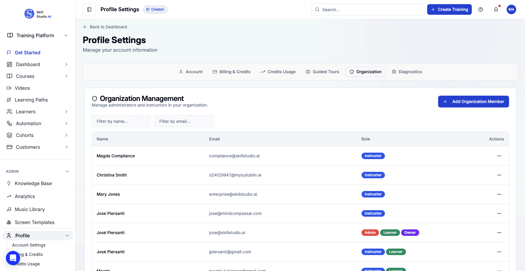 Click the Organization tab to access the member management interface.