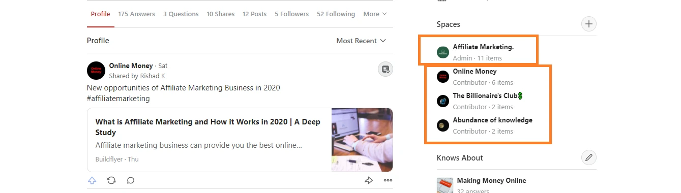 Addign content and affiliate links on Quora spaces