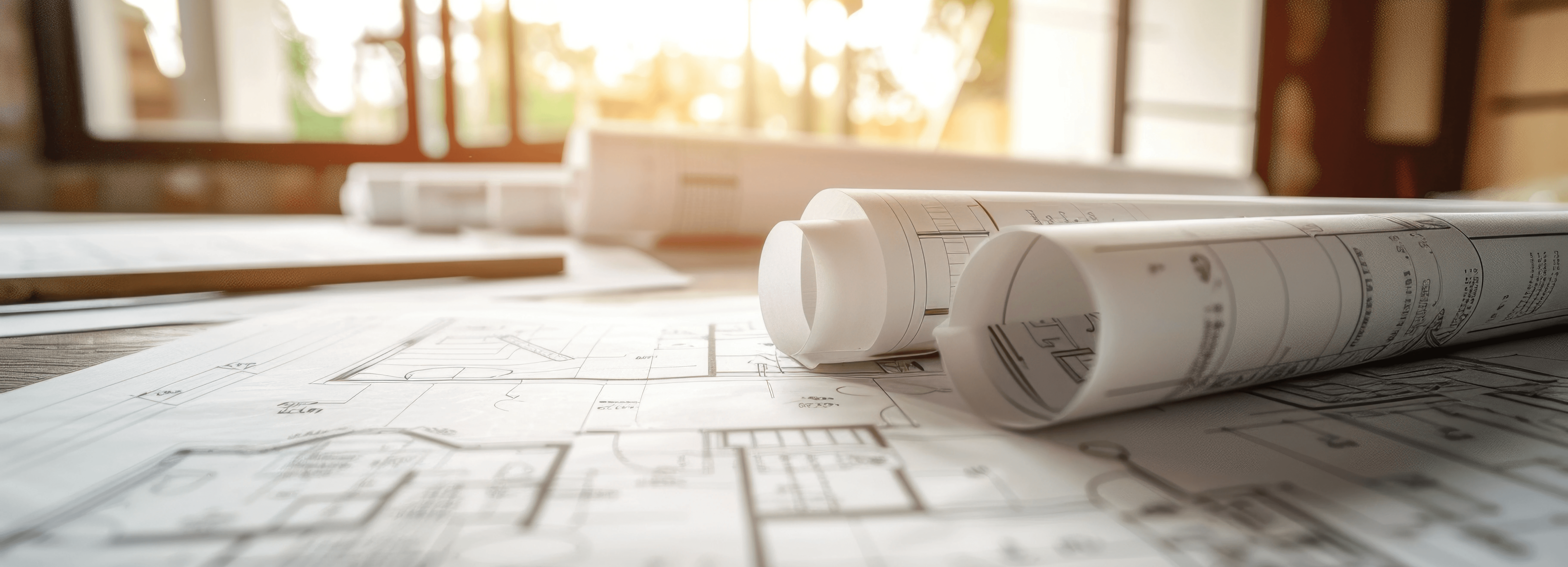 Architekturpläne und Grundrisse für professionelle Objekteinrichtung und Raumplanung auf einem Arbeitstisch