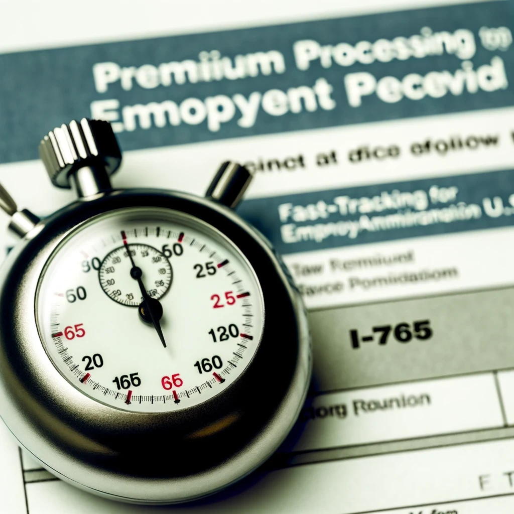 Stopwatch on a completed I-765 form background, representing the fast-tracked review time offered by premium processing for employment authorization in the U.S., emphasizing speed and efficiency.