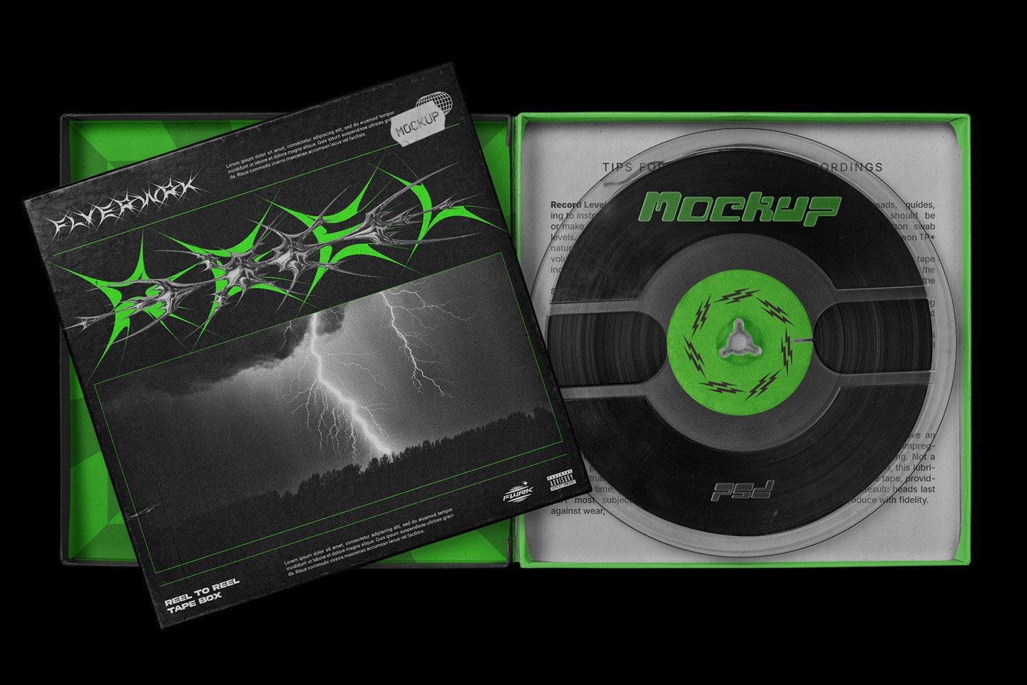 Vintage Reel Tape Box Mockup open packaging with reel tape and album artwork.