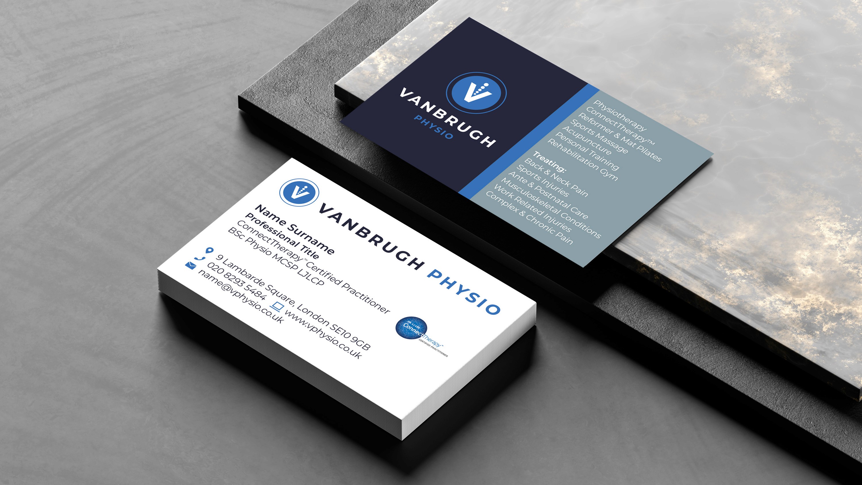 Vanbrugh Physio London staff business card design