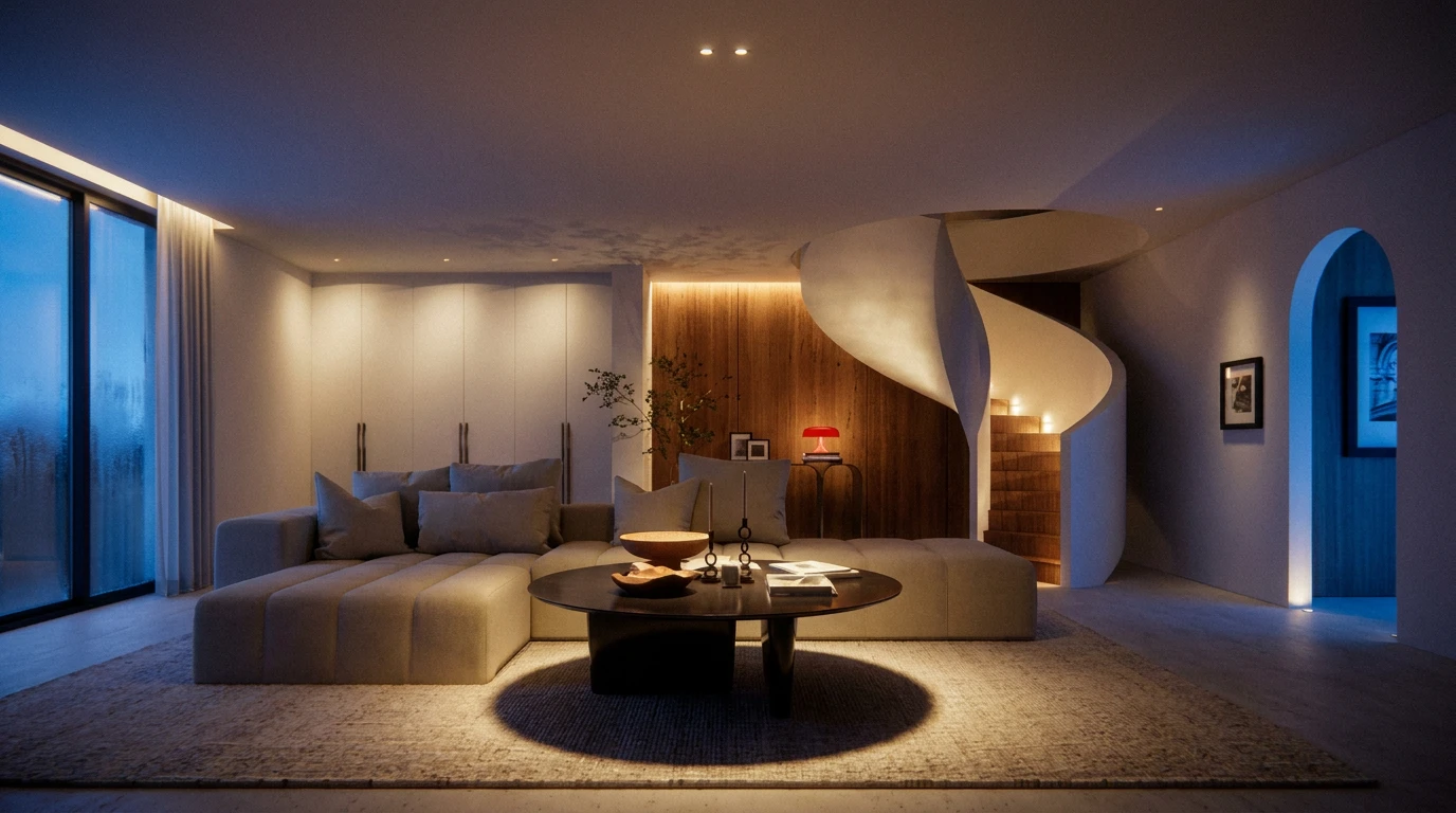 Residential interior with professional architectural lighting design creating depth, mood, and visual hierarchy