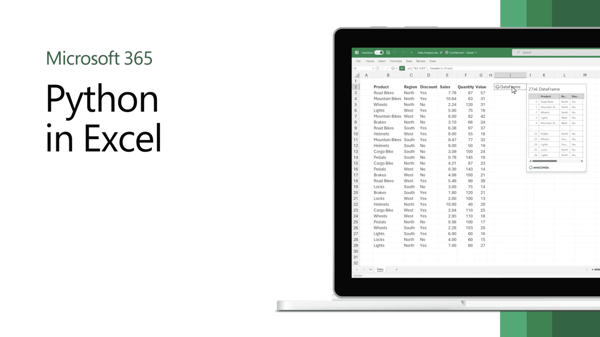 Laptop showing Python in Excel spreadsheet - Data Visualization With Python in Excel