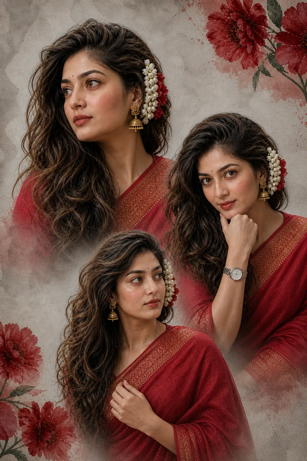 AI-generated traditional fashion portrait featuring three women in elegant red attire with floral-inspired styling and cultural aesthetics.