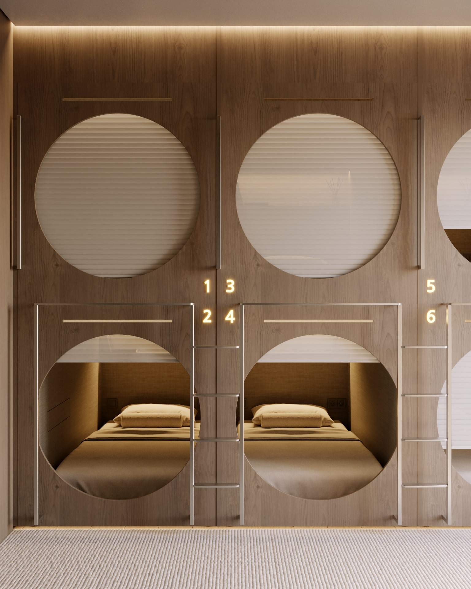 Modern capsule hotel room with individual sleeping pods. Wooden design, each with a bed, pillow, and privacy.