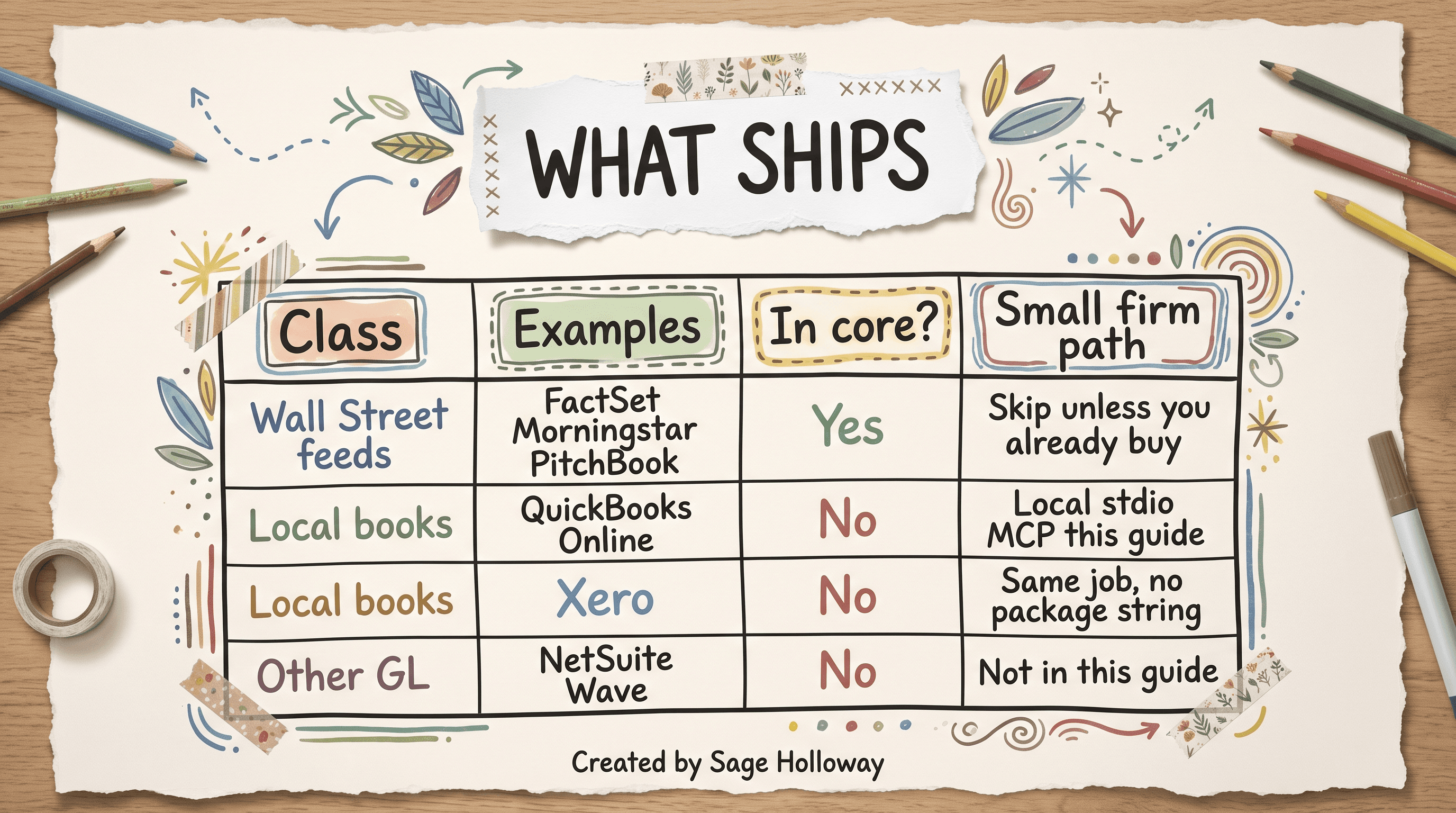 Scrapbook table titled WHAT SHIPS comparing Wall Street feeds that ship versus QuickBooks, Xero, NetSuite, and Wave