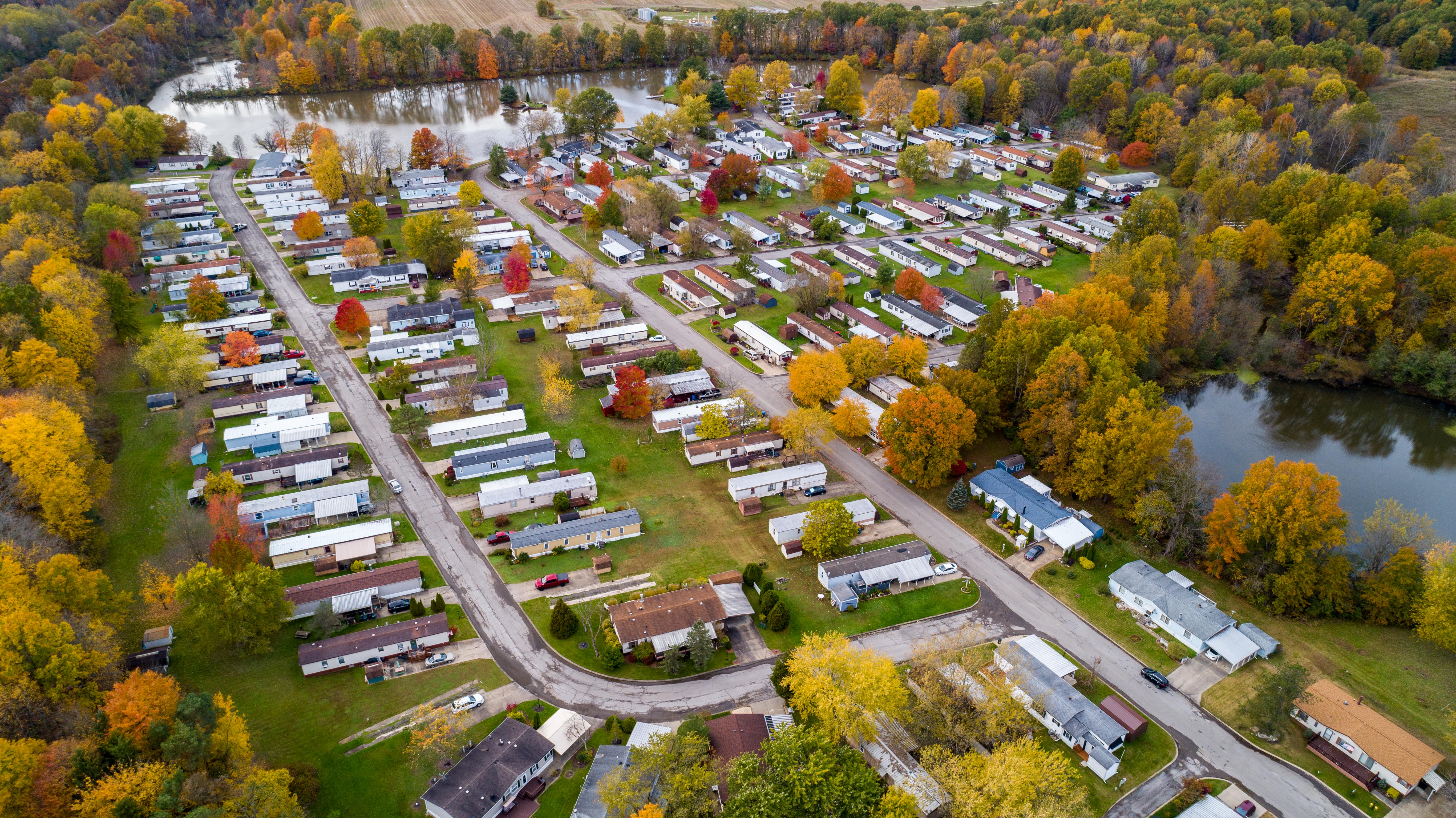 Aerial view of mobile home community on the water