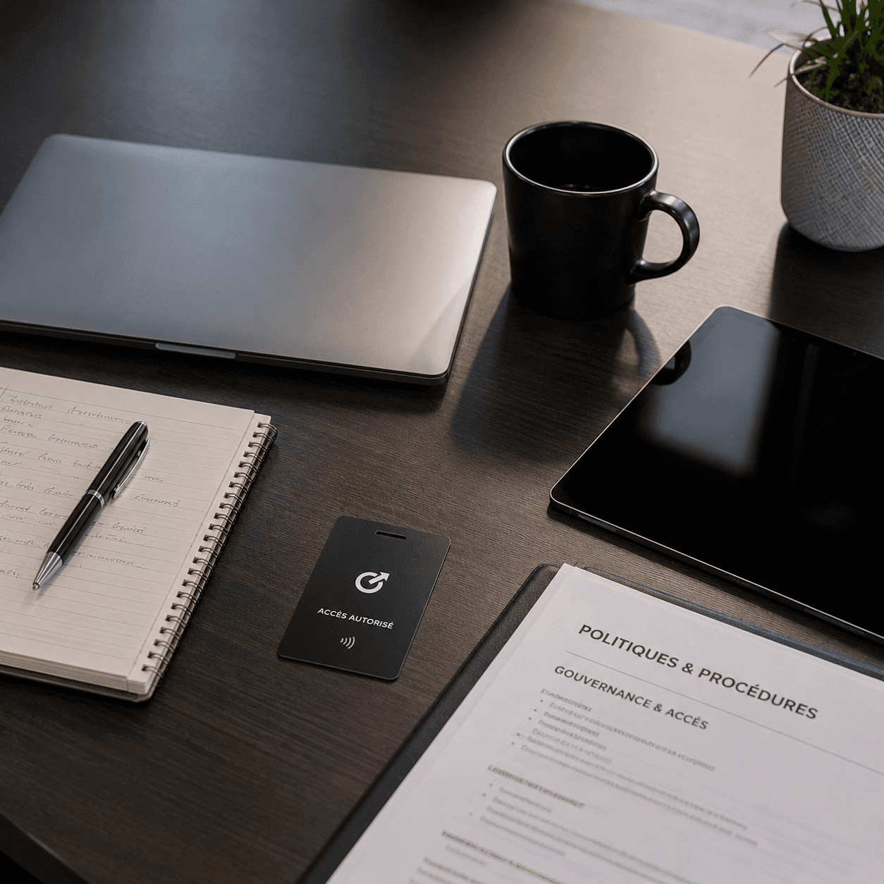 Bureau d'administrateur de gym avec une tasse de café, laptop fermé, cahier de note, livre de procédures. Le logo de la loi 25 est en superposition sur l'image.