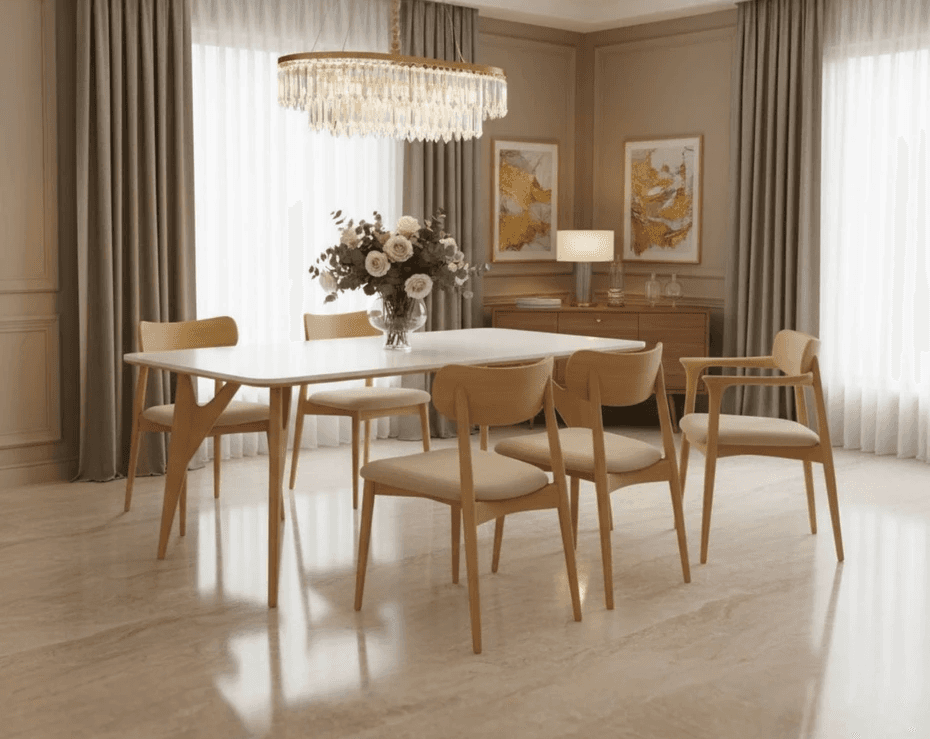 Three‑seater cream upholstered sofa with tufted back cushions and wooden arm frame