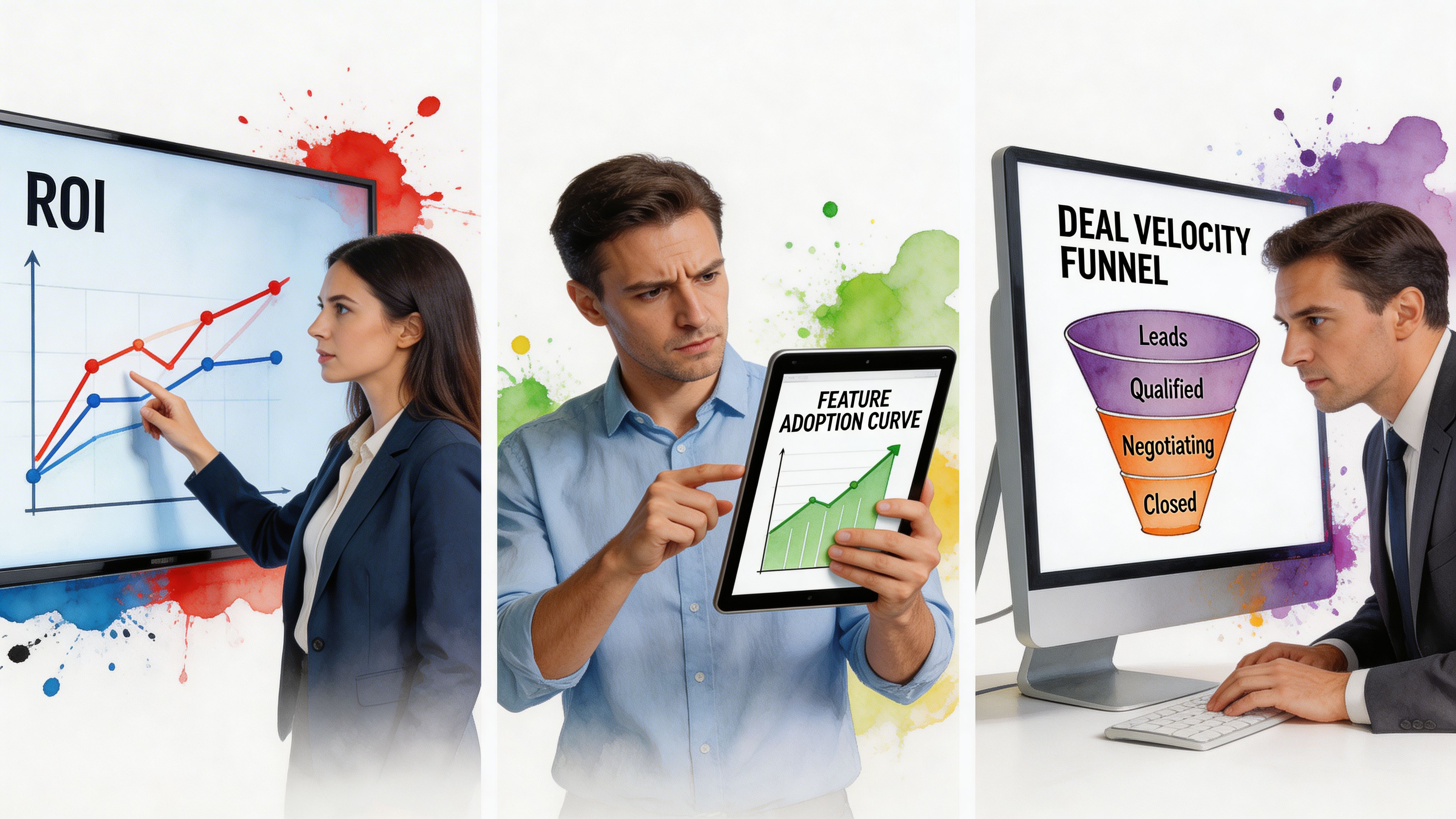 Professionals analyzing data visualization charts representing ROI, feature adoption curves, and sales deal velocity funnel stages.
