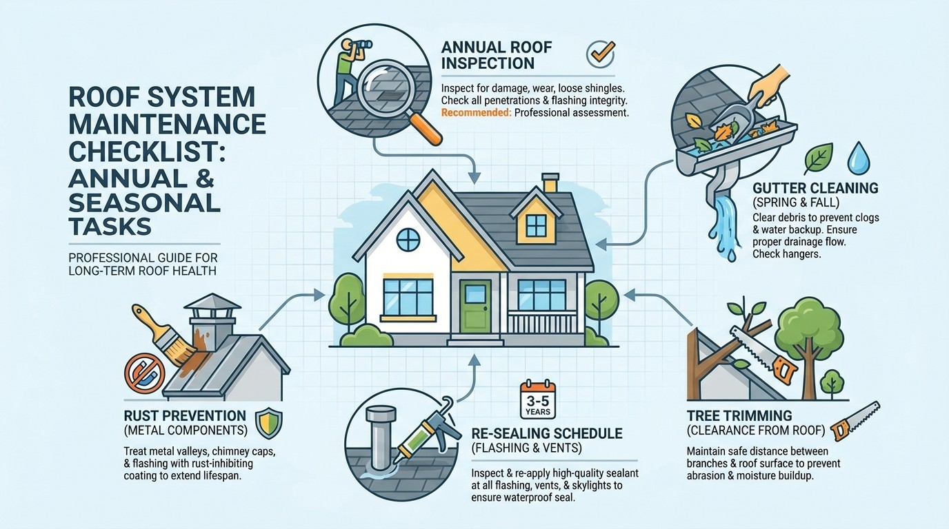 Metal roof maintenance checklist diagram for leak prevention