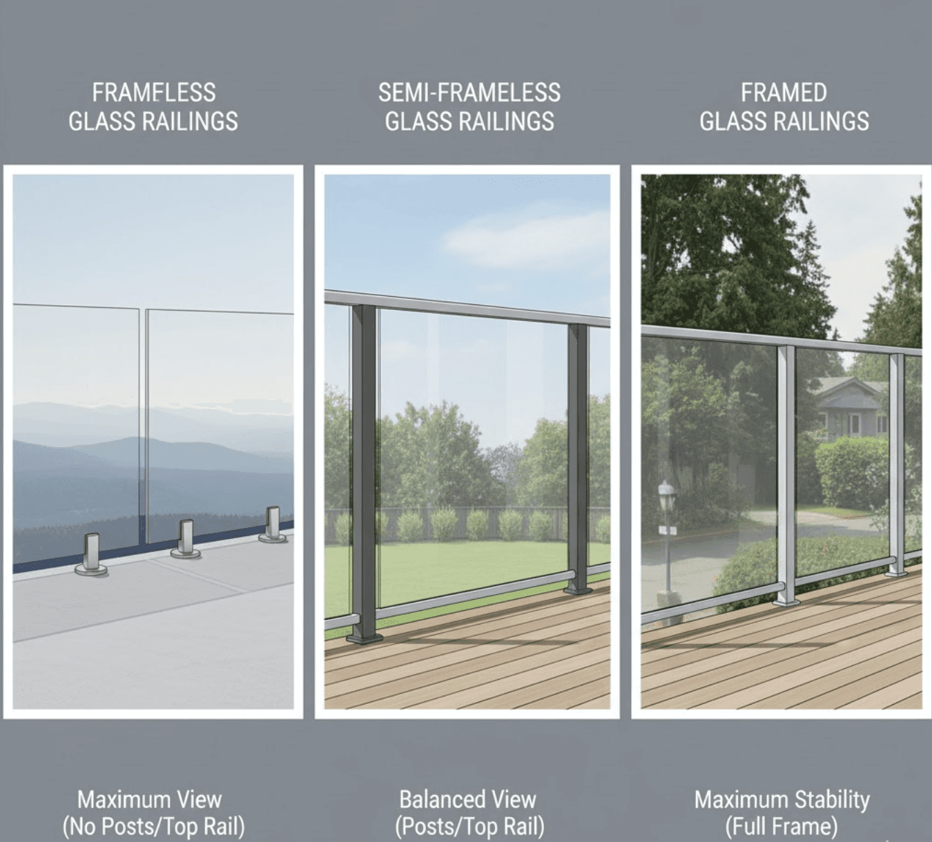 A high-quality, clear illustration depicting three distinct types of glass railing systems side-by-side or in a way that clearly differentiates them. The first section should show a 'Frameless Glass Railing' system, with glass panels mounted directly to the floor, no posts, and no top rail (emphasize a completely unobstructed view). The second section should illustrate a 'Semi-Frameless Glass Railing' system, showing thin aluminum posts (spaced appropriately) supporting the glass panels and a sleek top cap rail, but no bottom rail. The third section should feature a 'Framed Glass Railing' system, clearly showing both top and bottom rails, with glass panels inserted within this frame. Each type should convey its primary characteristic: frameless for maximum view, semi-frameless for a balance of view and stability, and framed for maximum stability with more visual structure. The background should be simple and unobtrusive, allowing the railing types to be the focus.