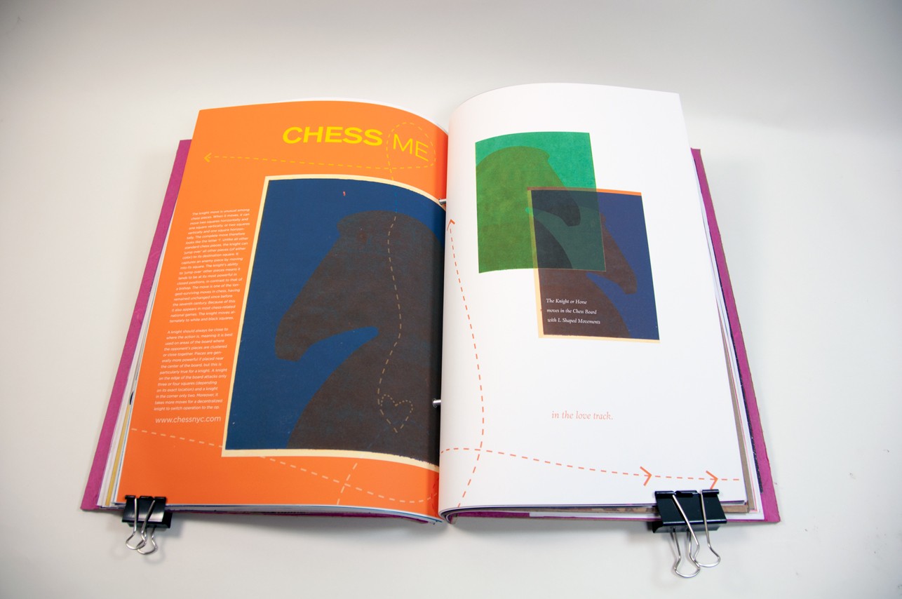 an opened book with chess pieces illustrations, and text