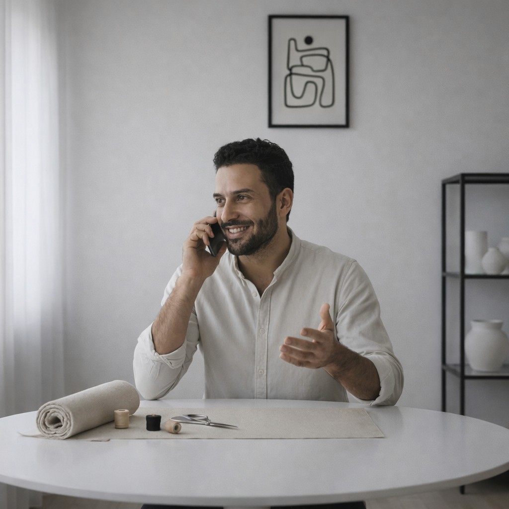 A smiling man with a beard sits at a white table, talking on a mobile phone. On the table are tailoring supplies, including a roll of linen fabric and thread.