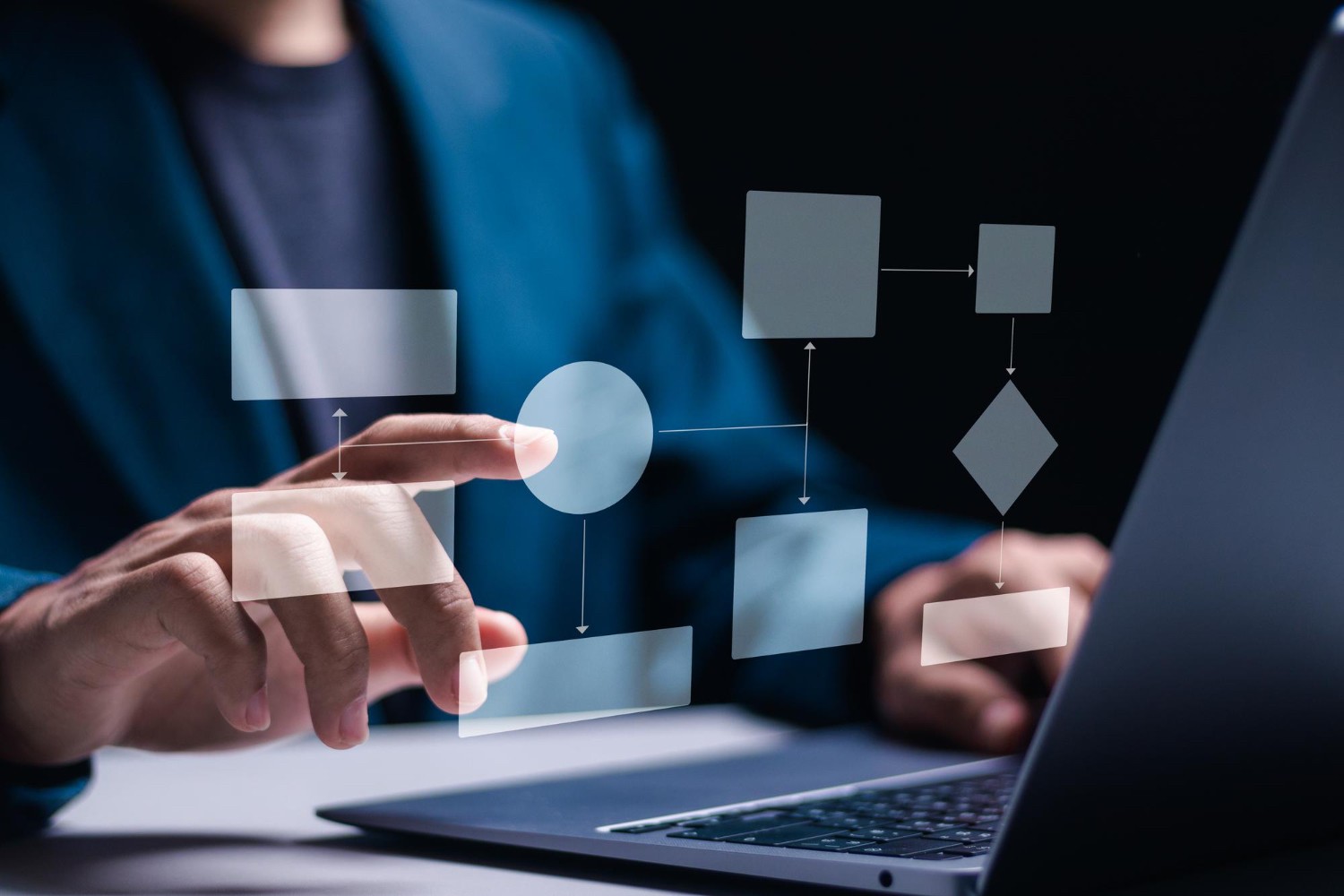 Manager configuring settings on a computer dashboard with multiple data windows.