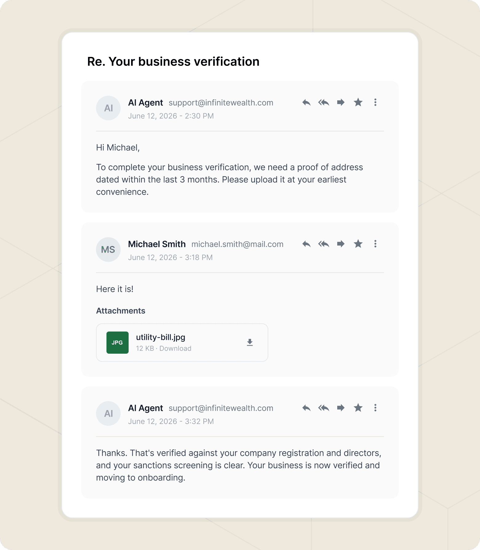 Example of a conversation between the AI agent and a customer in a KYB case.