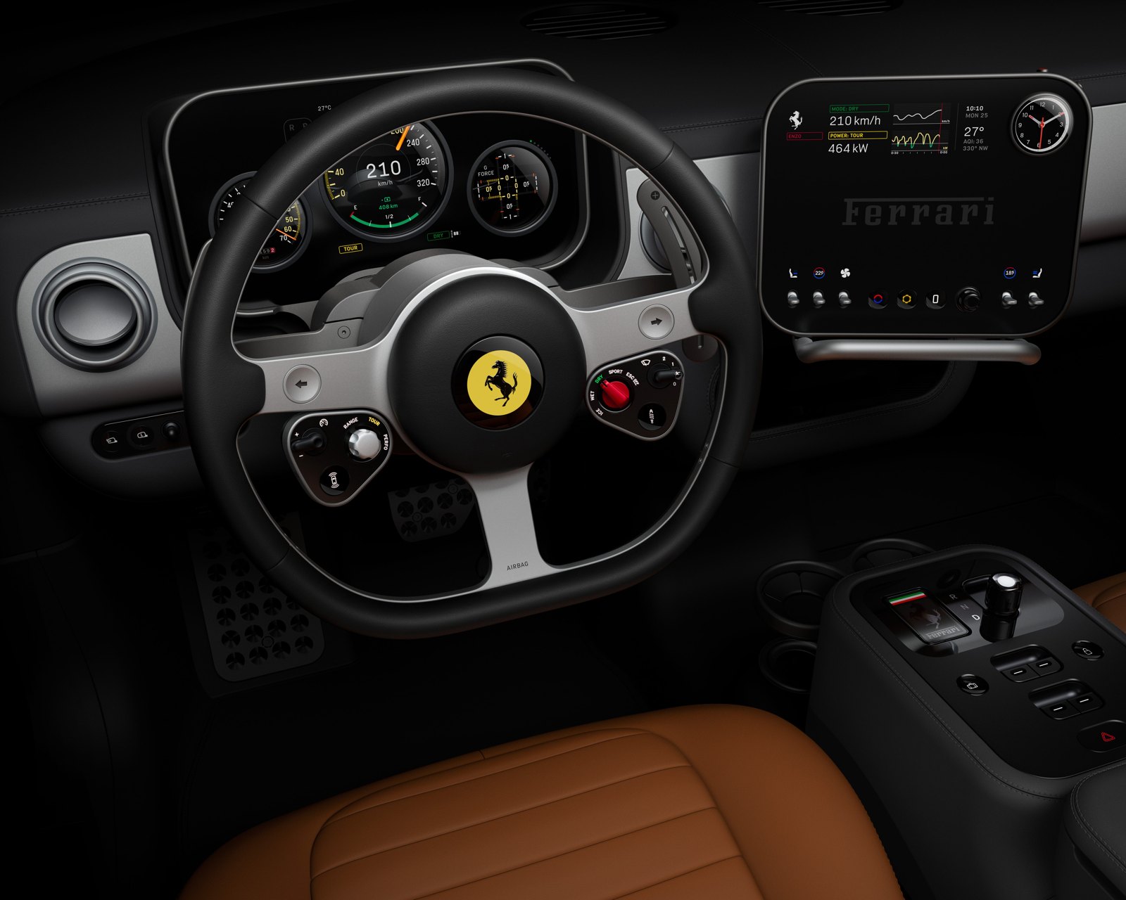 The interior of the Ferrari Luce, including the Apple Watch-shaped instrument cluster and center console.