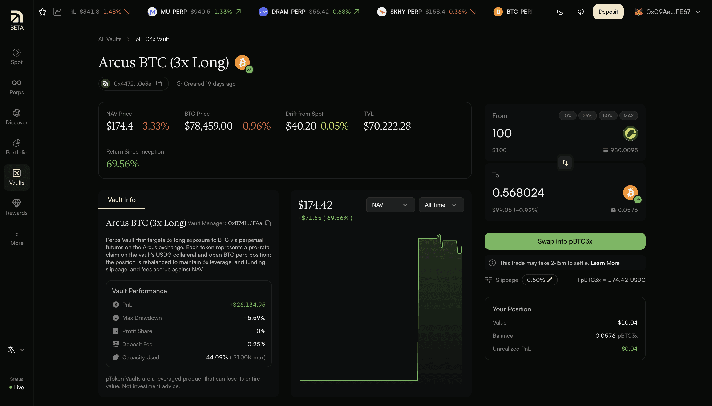 Arcus BTC 3x Long vault screen showing NAV, performance, swap and position details