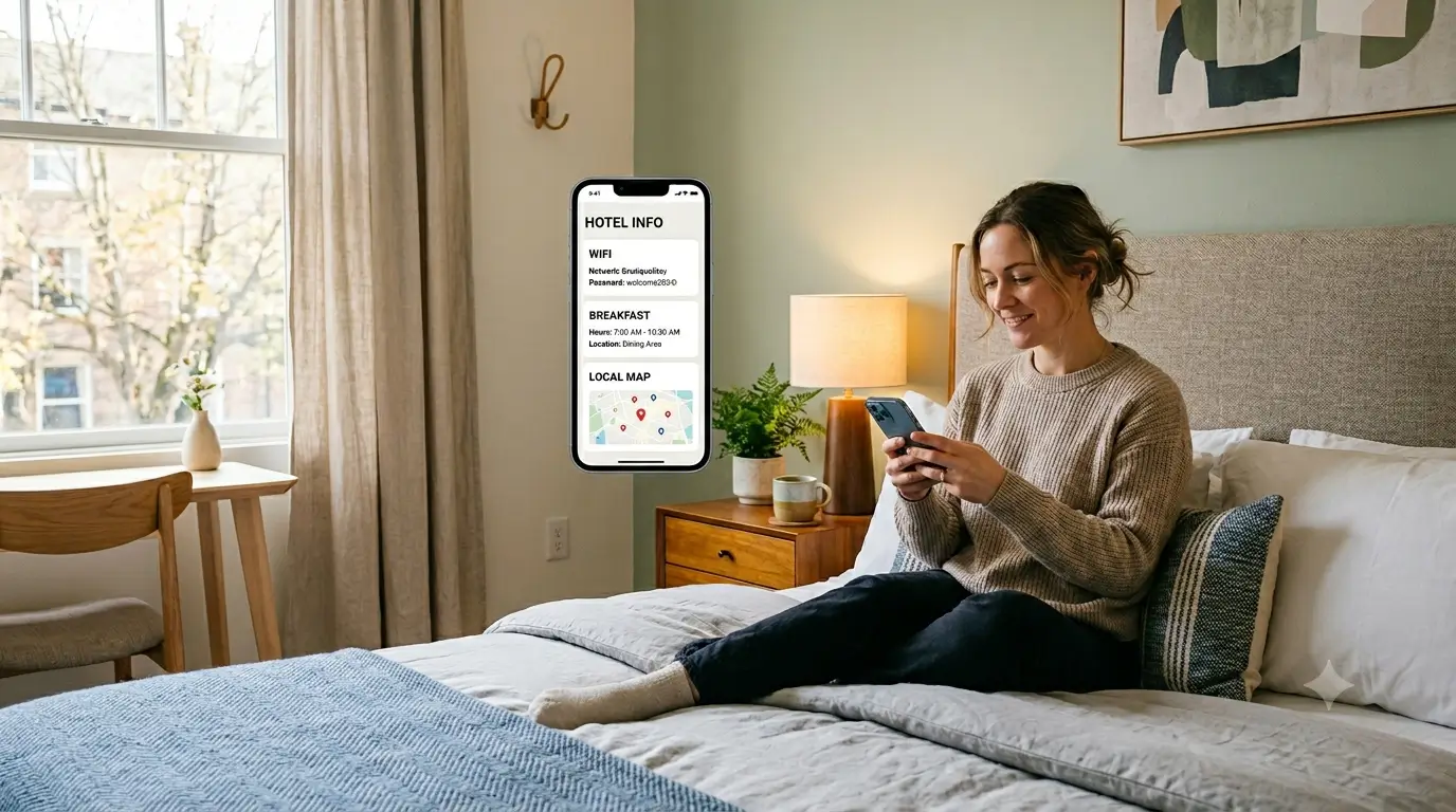 Hotel guest reading a digital guidebook on a phone in a boutique hotel room