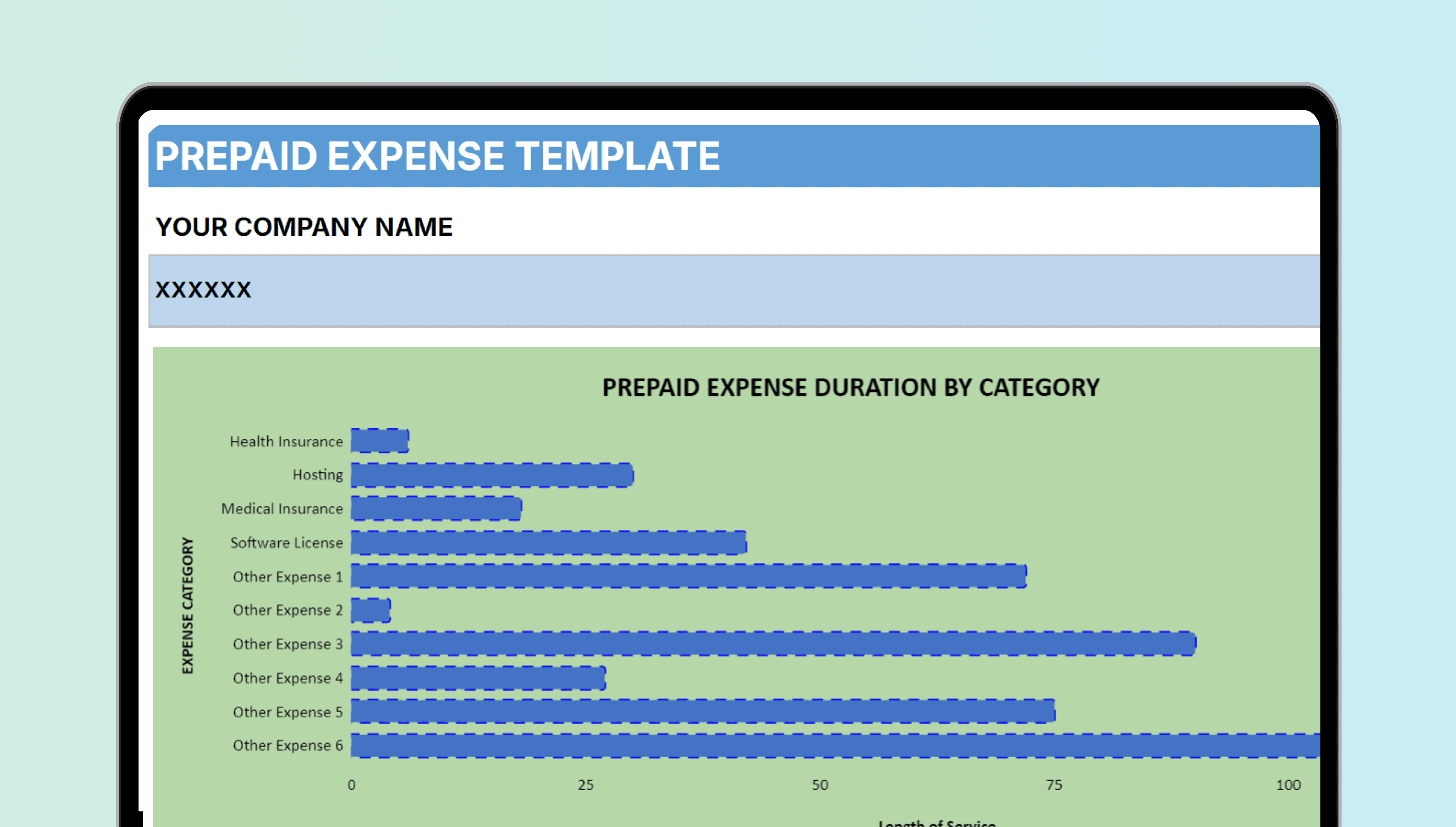Excel spreadsheet titled 'PREPAID EXPENSE TEMPLATE' with columns for date, description, amount, and balance for accounting