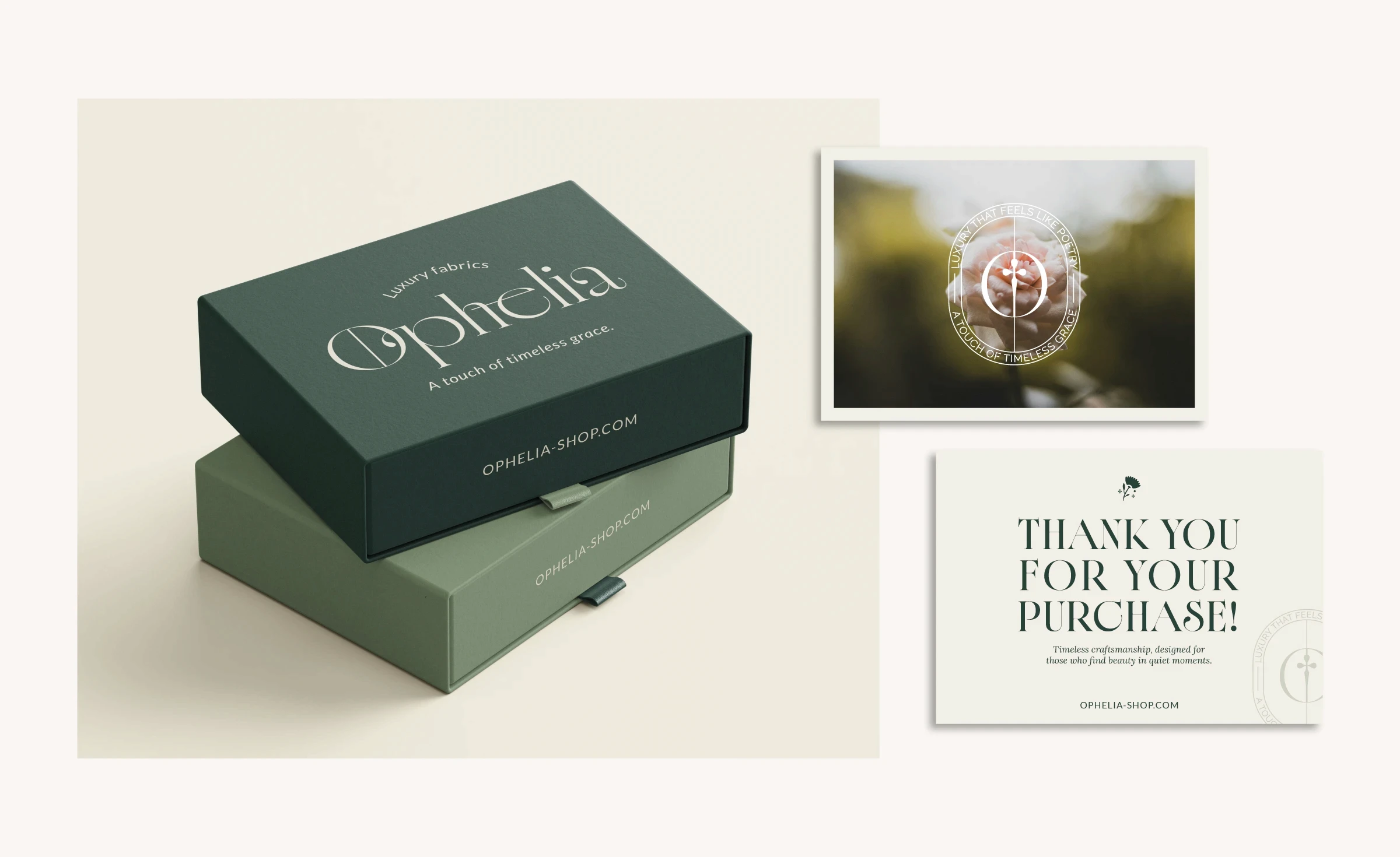 Ophelia packaging design with 'Thank You' purchase card
