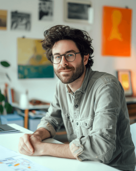 A young man with glasses seated at his office desk, focused and engaged in his work environment.