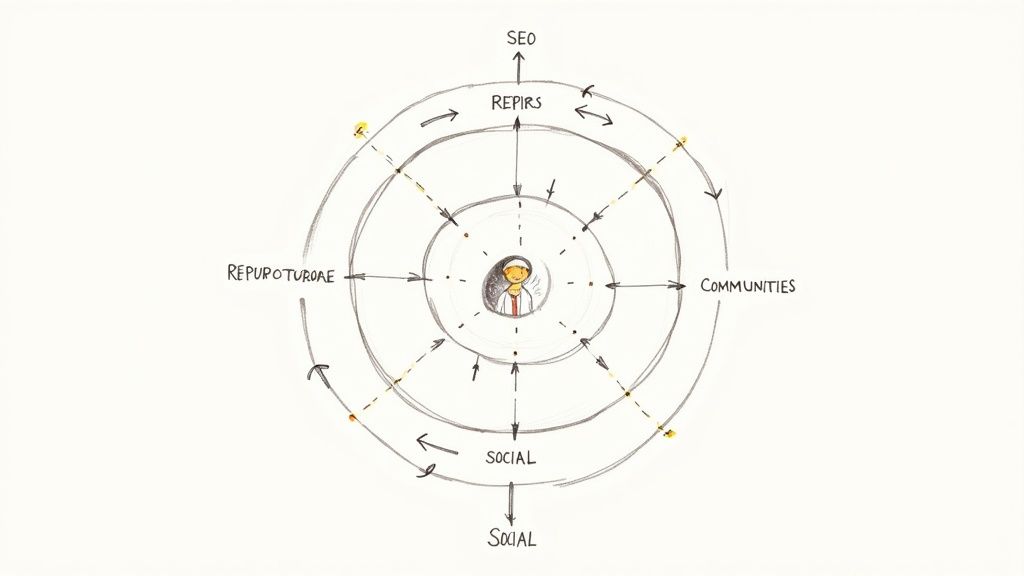 A flywheel graphic showing the compounding effects of content distribution.