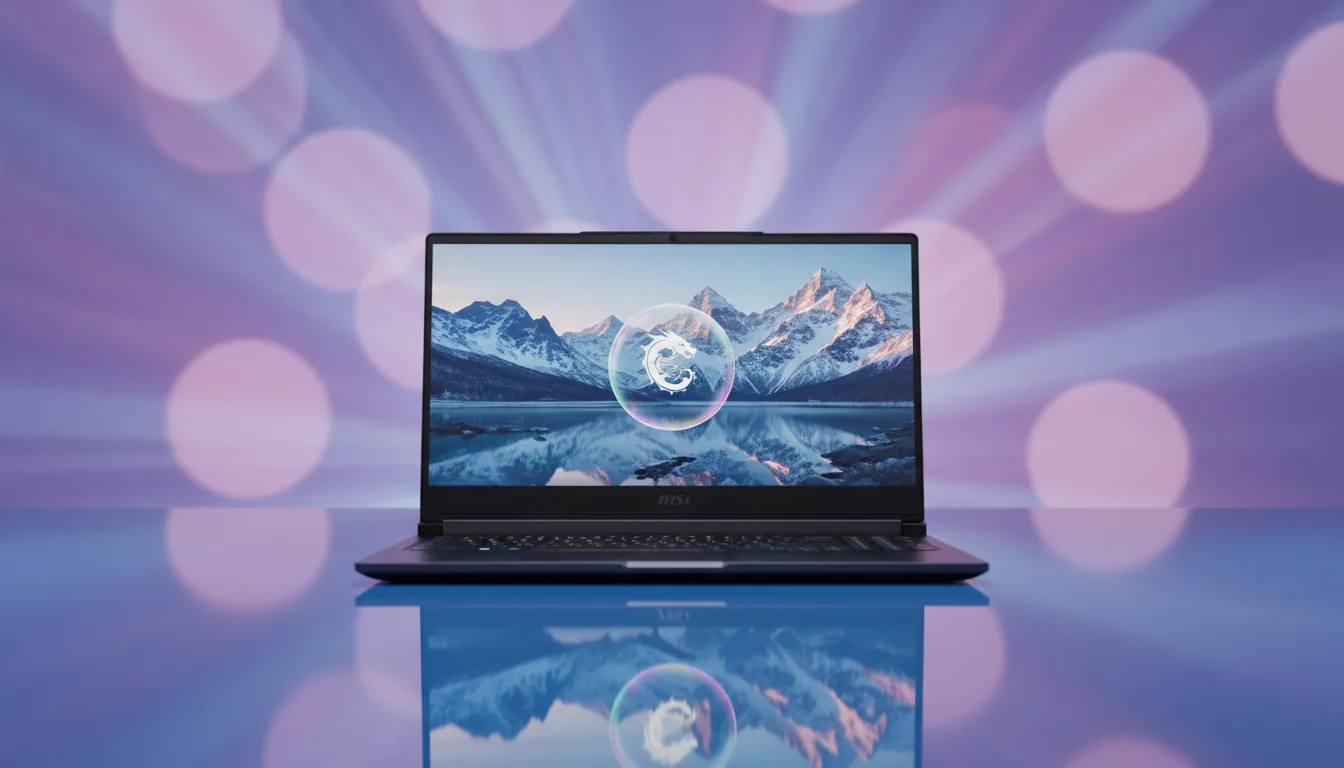DSLR product photography of a modern, thin-bezel, dark metallic MSI laptop resting on a highly reflective, glossy blue table that creates a clear mirror image. The background is an abstract composition of large, soft, glowing bokeh spheres in pastel purple and pink. The scene is illuminated by soft studio lighting with an ethereal, vibrant glow of purple and blue ambient light. The laptop screen is on, displaying a fantasy wallpaper of a snow-capped mountain range reflected in calm water, with a prominent white circular dragon logo emblem floating in a transparent bubble at the center. Sharp focus on the laptop, shallow depth of field.