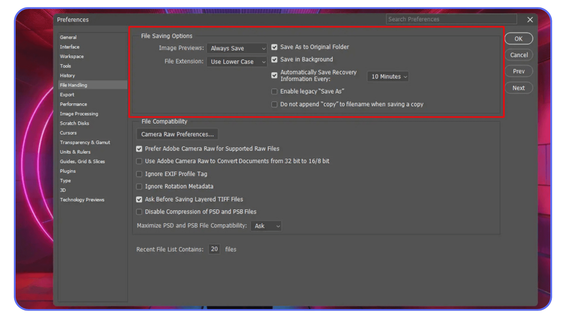 Screenshot of Photoshop File Handling preferences, highlighting autosave, background save, and file extension settings.