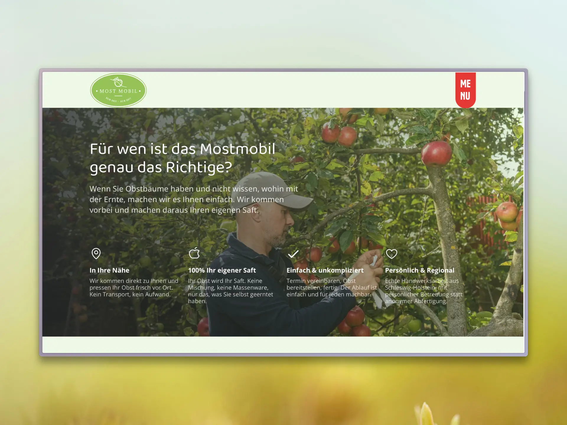 Zielgruppen-Sektion der MostMobil Website mit Apfelernte im Hintergrund
