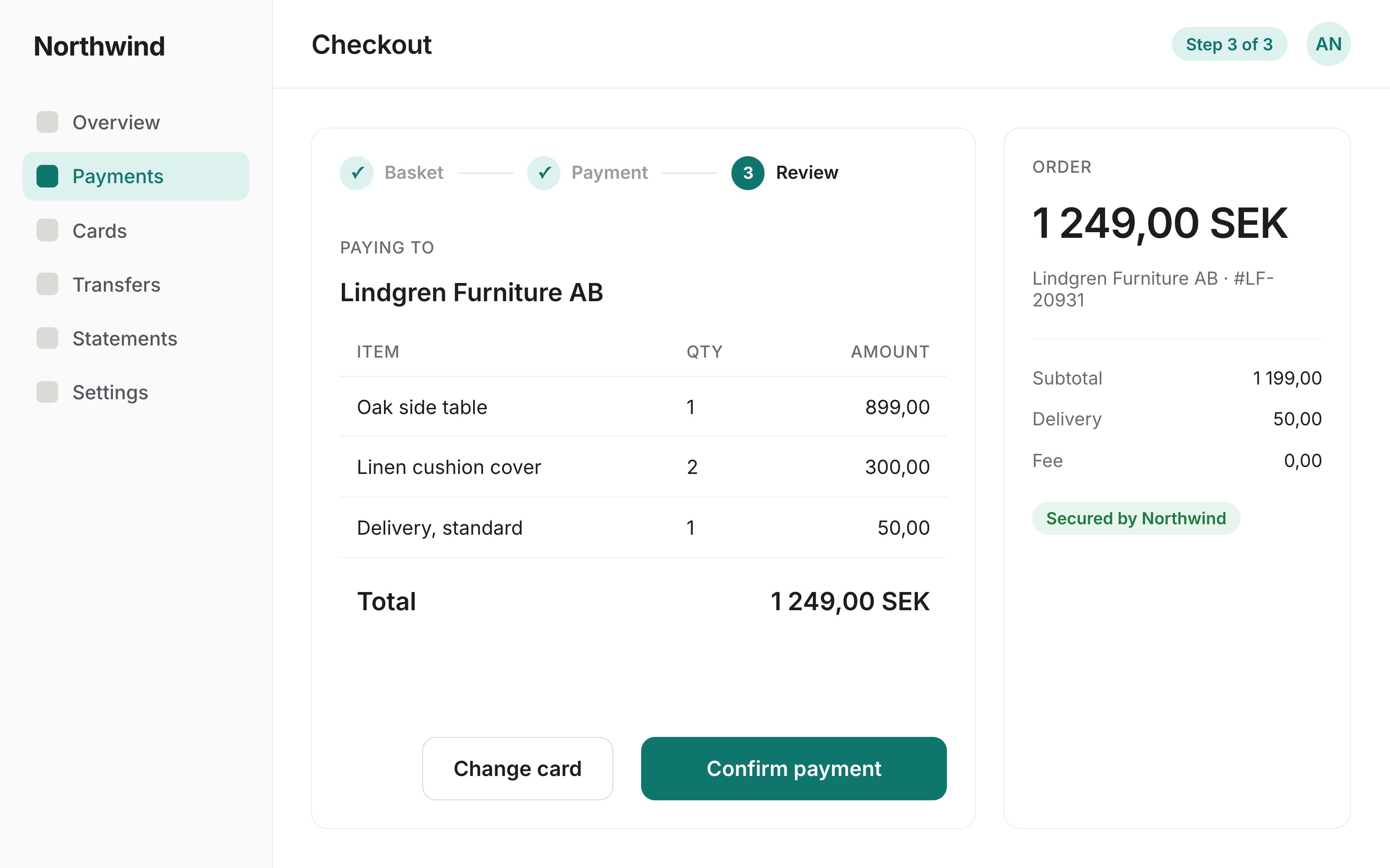 Review step listing items, delivery and the total in SEK