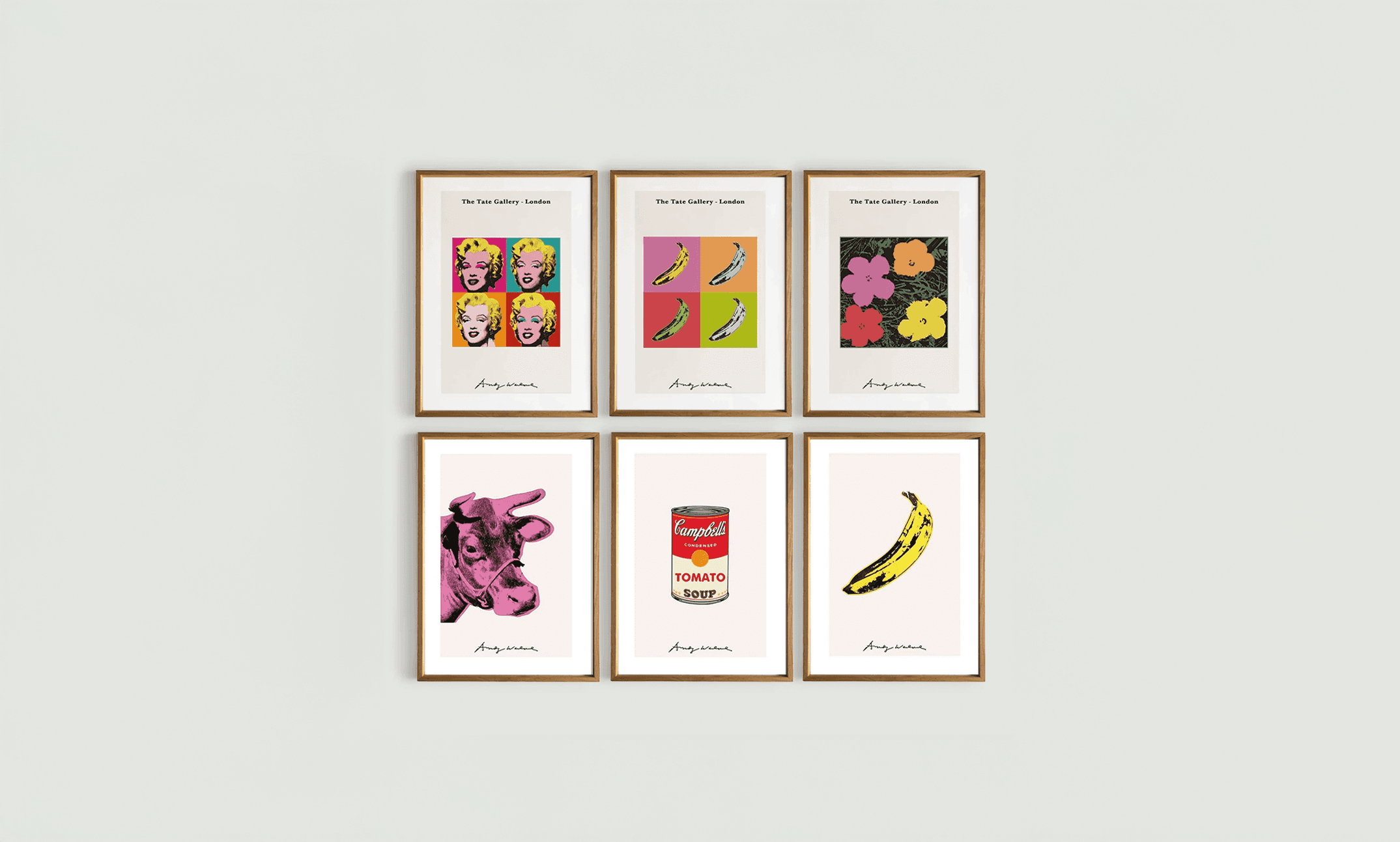 photo of a set of custom frames for a gallery wall housing different andy warhol prints.