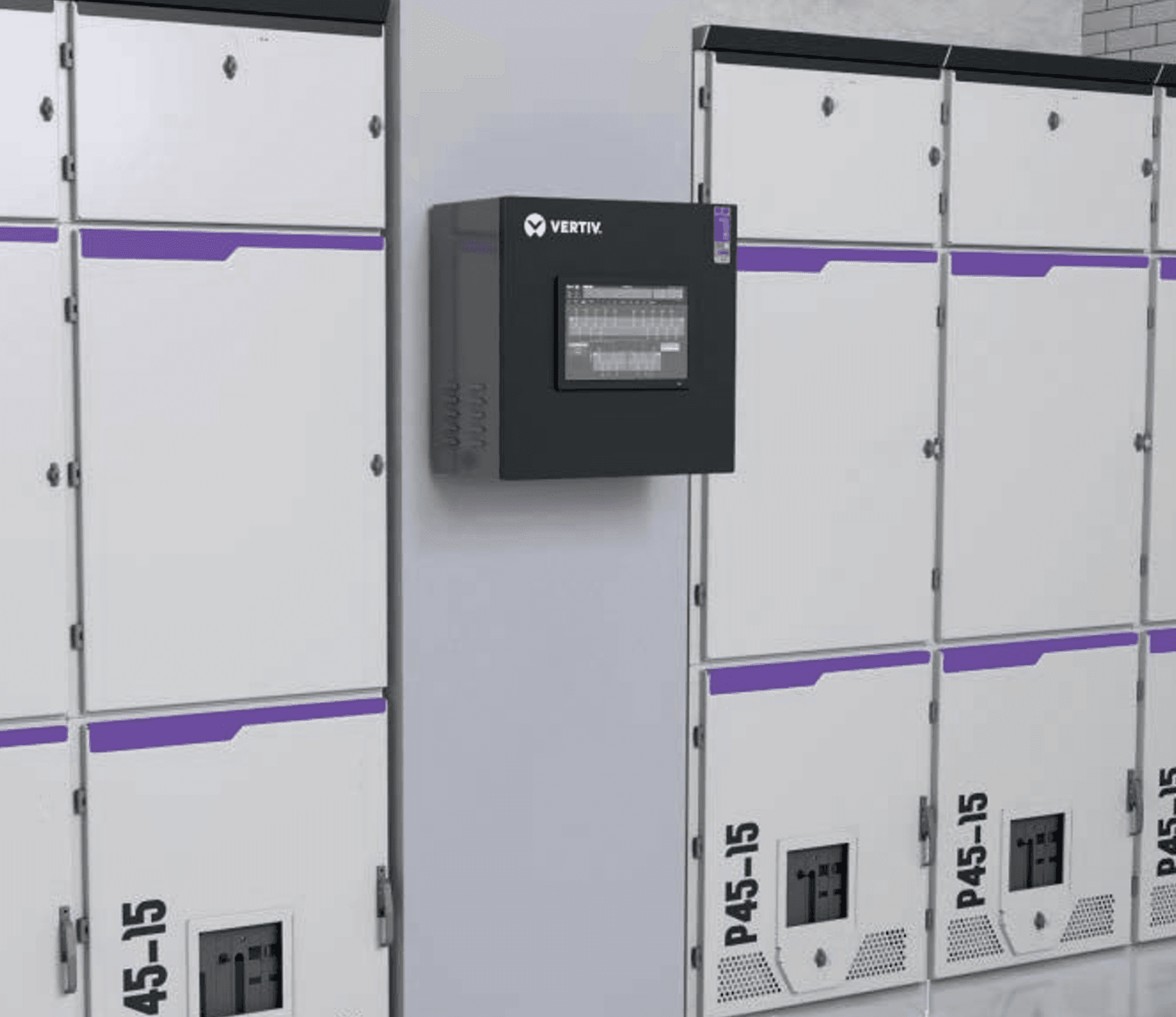 Vertiv electrical switchgear cabinets with integrated monitoring interface used for power distribution and control in a data center environment.