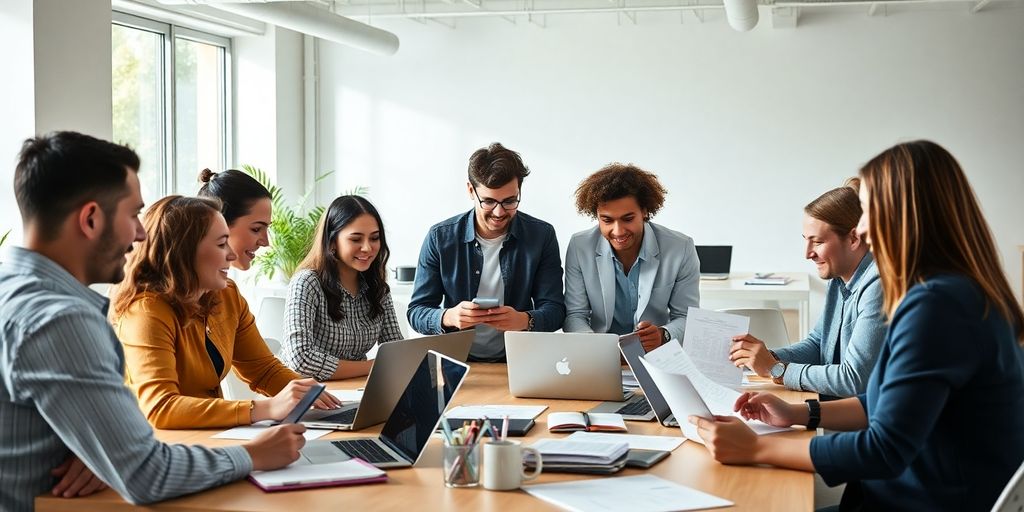 Team collaborating in a bright, modern workspace.