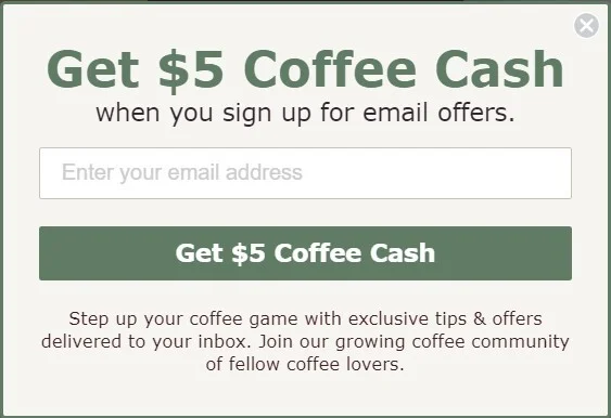 Bean Box Email Opt-in Website Pop-Up example