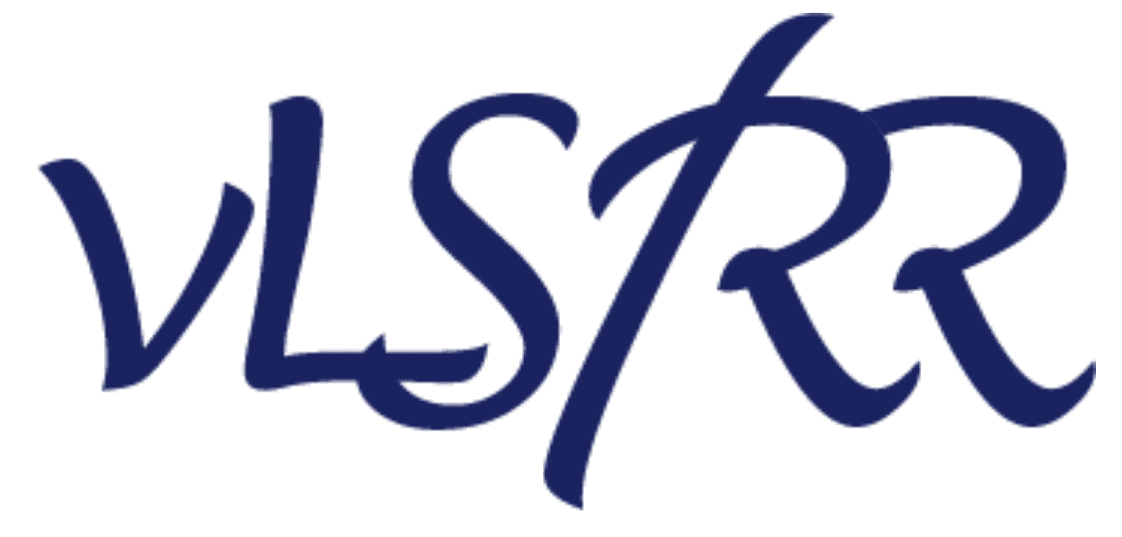 A imagem mostra um logotipo com as letras estilizadas e sobrepostas "VLSRR" em uma fonte azul em negrito, com um design único e artístico.