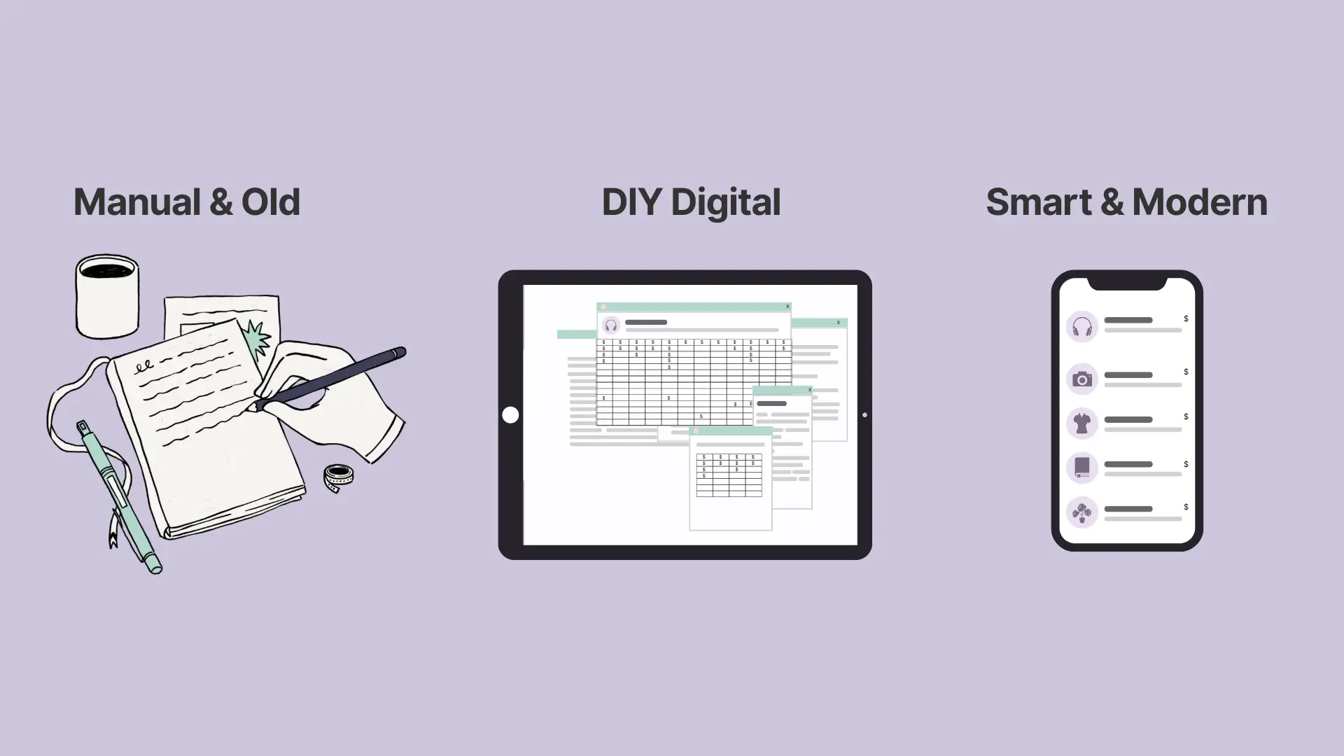 An illustration showing the progression of wishlist methods in three stages. The first stage, labeled "Manual & Old," depicts a hand writing in a physical notebook. The second, "DIY Digital," shows a tablet with a complex and cluttered spreadsheet. The final stage, "Smart & Modern," displays a smartphone with a sleek, organized wishlist app interface.